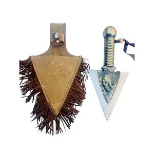 Decorative Stainless Steel Tomahawk With Eagle Etching & Fringe Leather Sheath